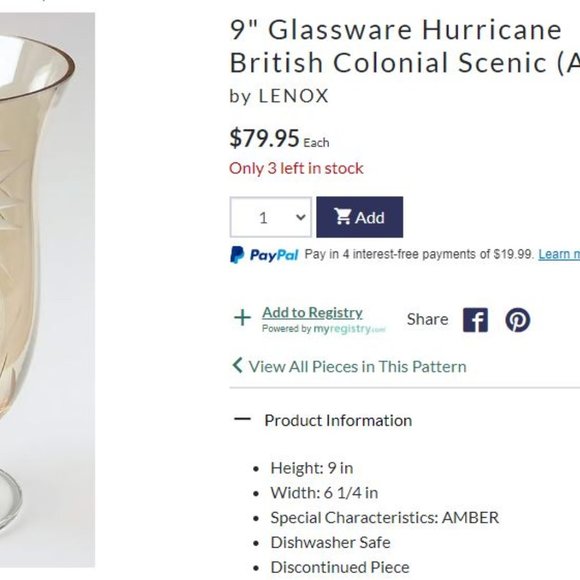 Lenox 9" British Colonial Etched Glass Palm Trees Hurricane Lamp- Amber - Picture 8 of 8